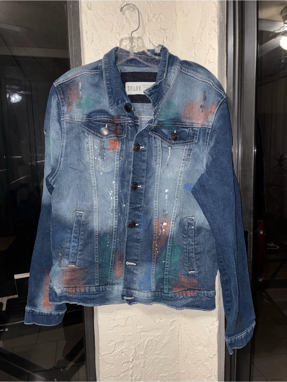 Spark Men's Premium Denim Studio Collection Paint Splatter Distressed Jacket M